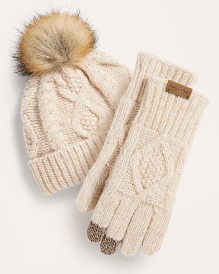 CABLE KNIT TEXTING GLOVES AND BEANIE SET